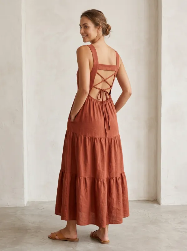 Women's Casual Tiered Lace-Up Linen Backless Dress