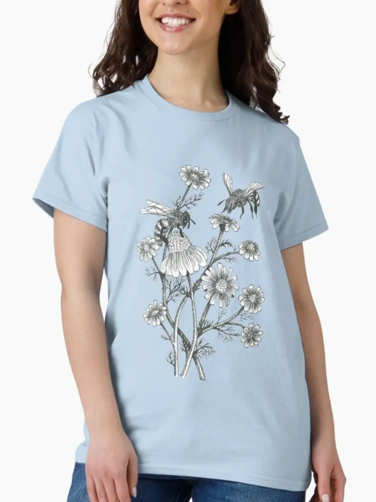Women's  Bee & Floral Sketch Print Short-Sleeve Crew Neck T-Shirt