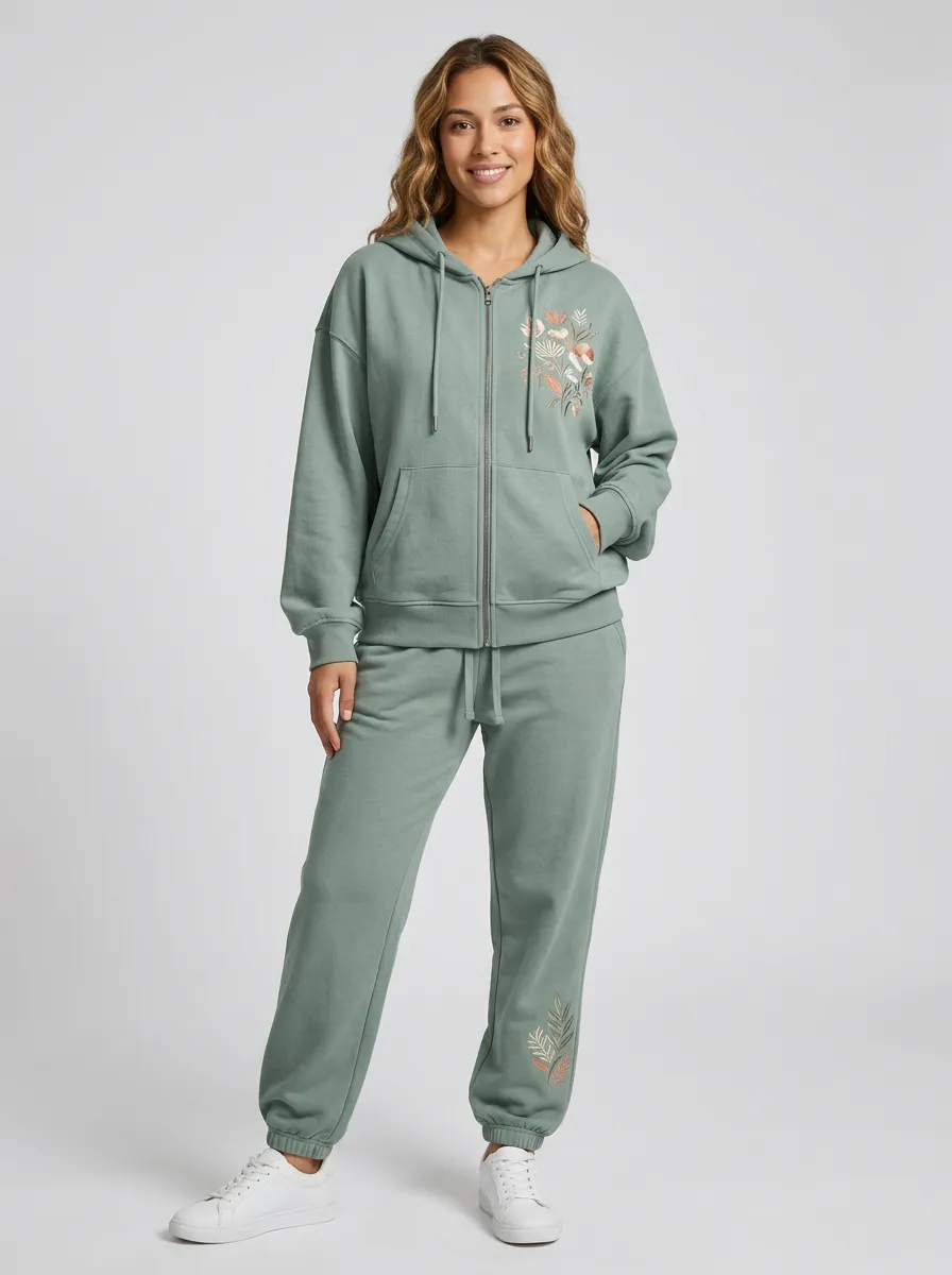 Women's Sage Green Floral Embroidered Drawstring Hood Zip-Up Hoodie Jacket & Jogger Set