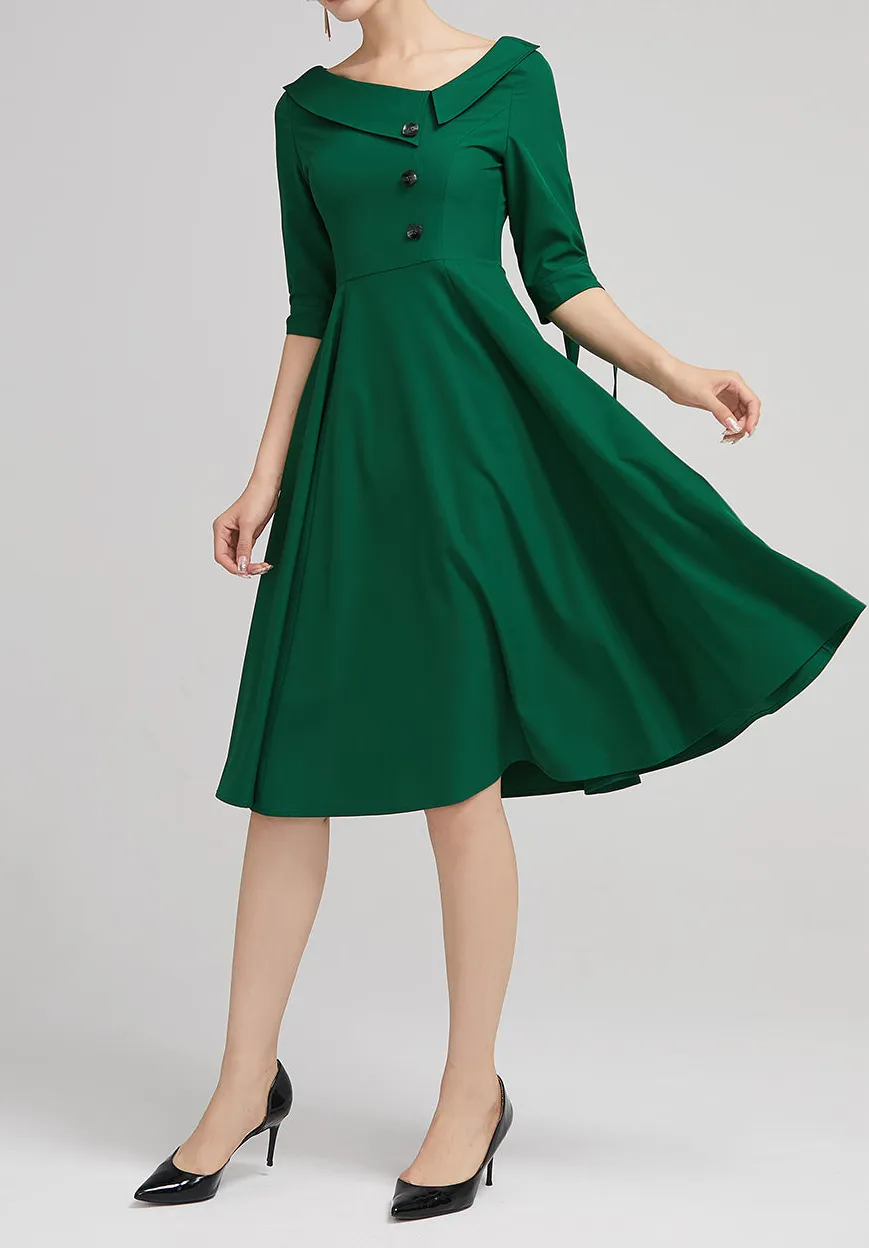 Polyester Swing Pleated Lapel Collar Midi Dress