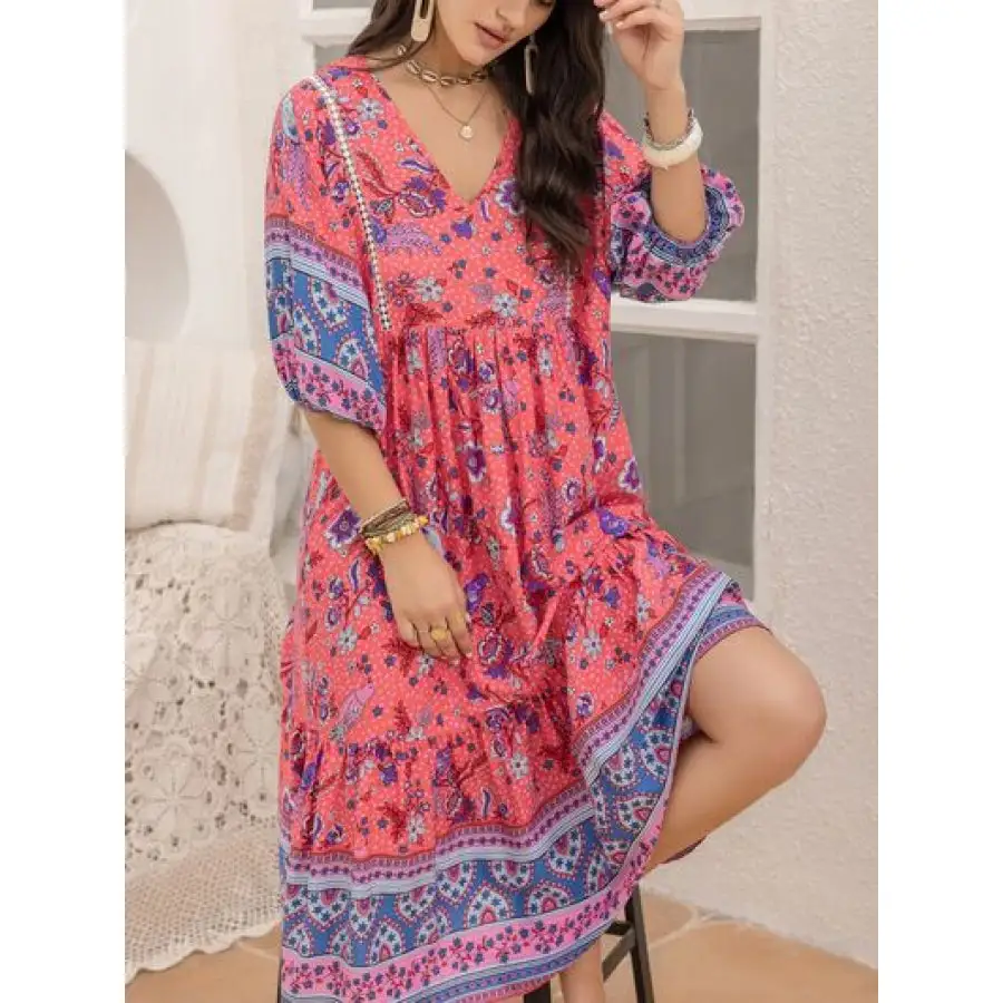 Printed Puff Sleeve Midi Dress