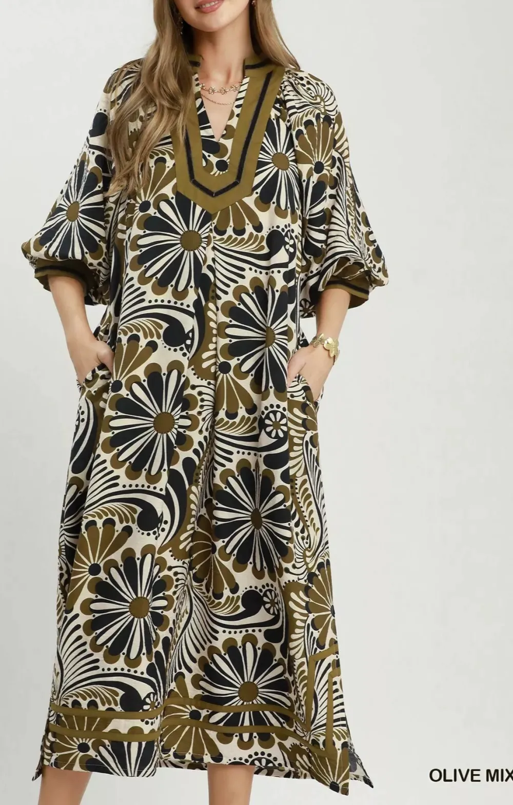 Abstract Print Pocketed Midi Dress
