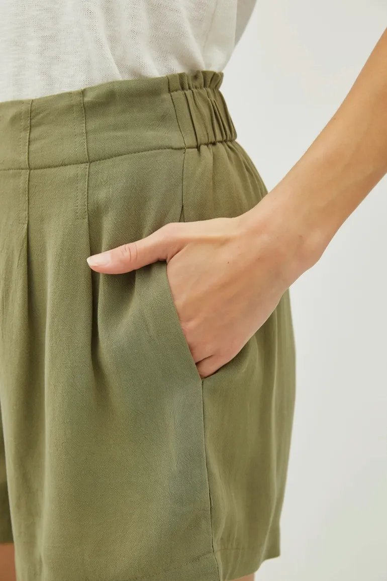 Olive Green Linen Pleated High Waist Shorts
