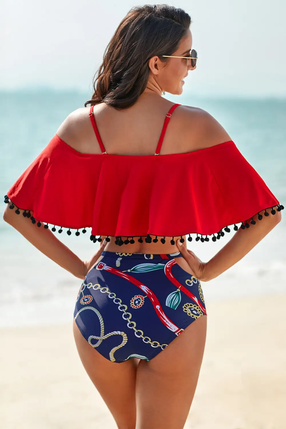 Swimwear Retro Flounce Tassel Off Shoulder High Waisted Bikini