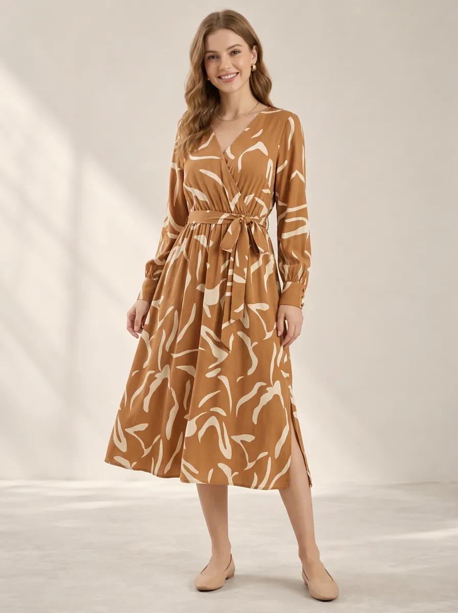 Women's Floral Inspired Abstract Wrap Printed Midi Dress