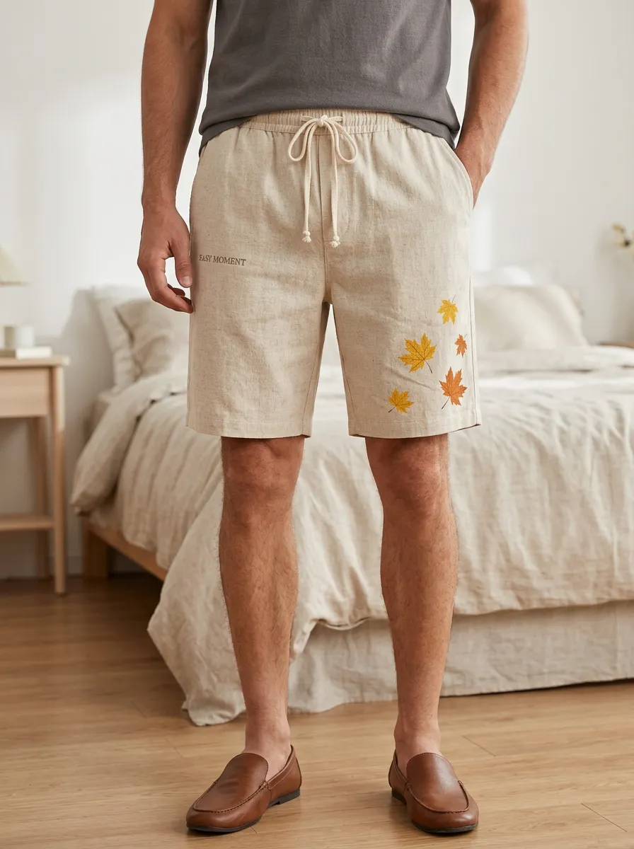 Leaf-print Drawstring Textured Shorts