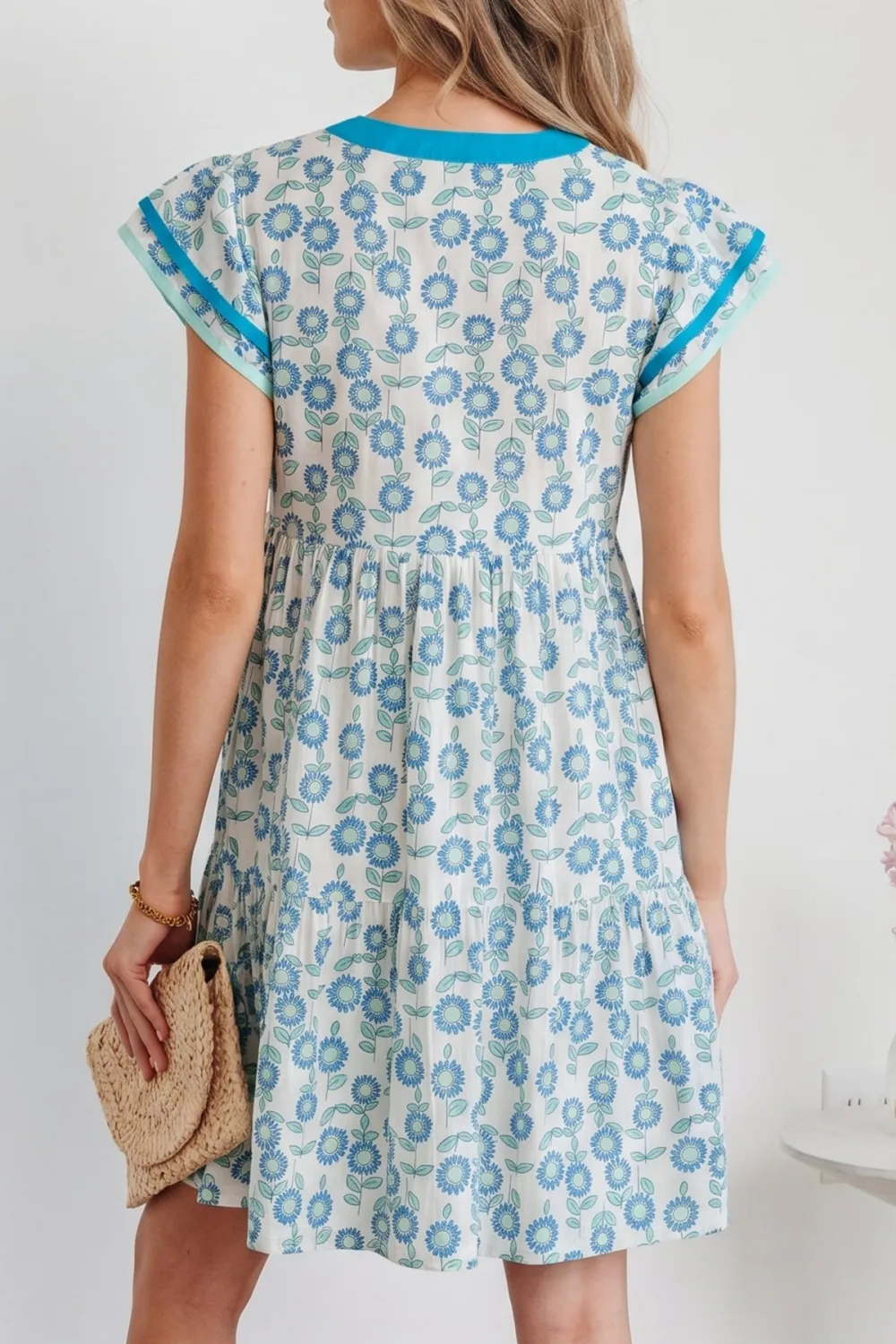 Women's Floral Print Flutter Sleeve Contrast Trim Mini Dress