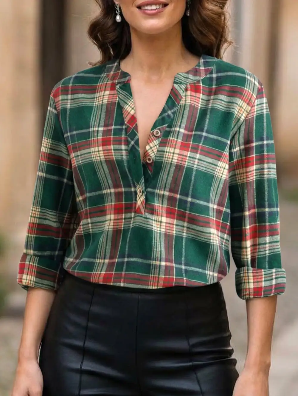 V Neck Plaid Button Shirt