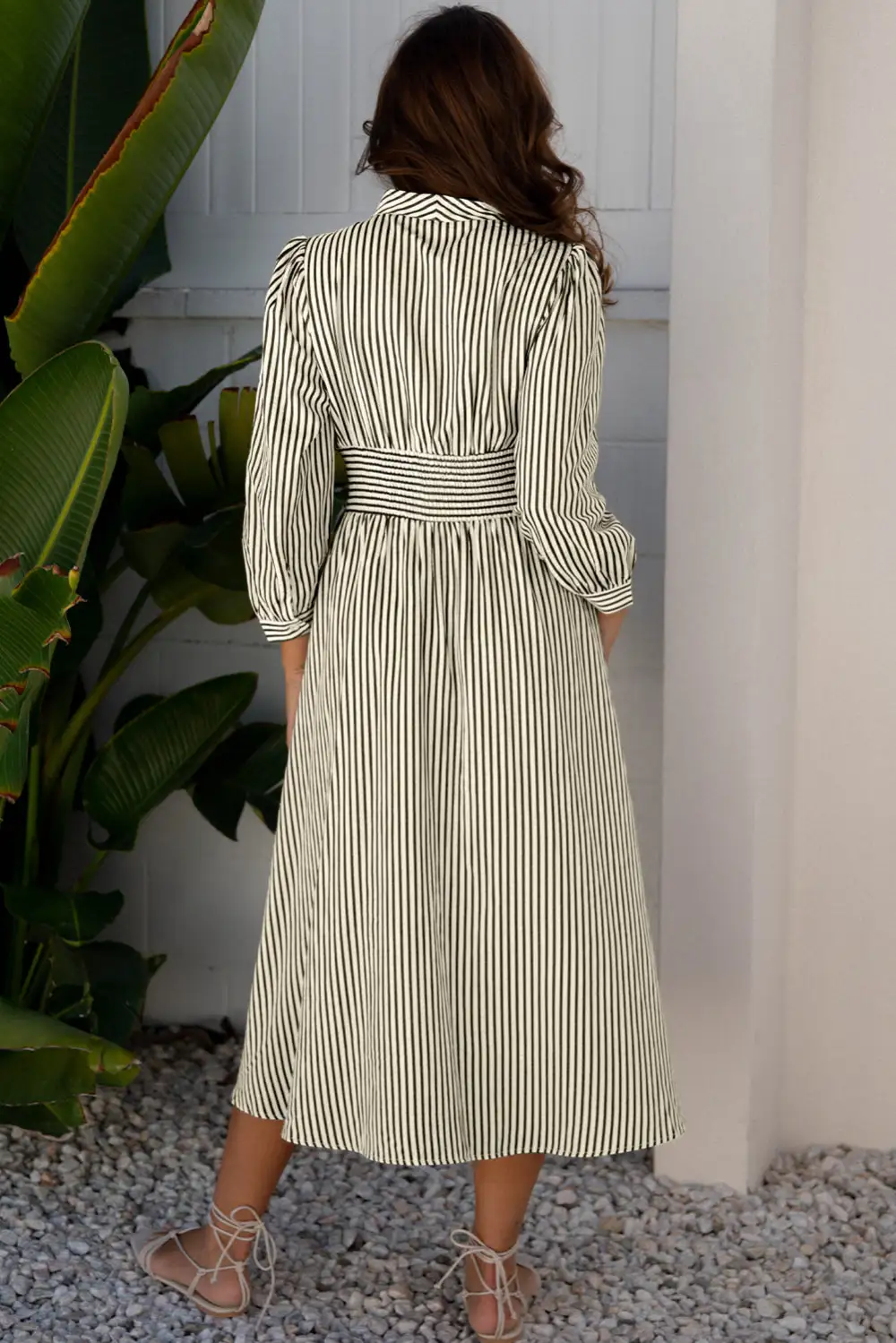 Stripe V Neck Zip Front Midi Dress