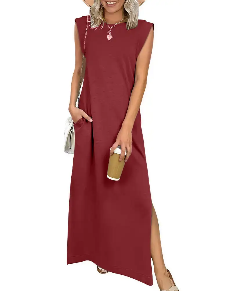 Casual Sleeveless Split Maxi Dress With Pockets