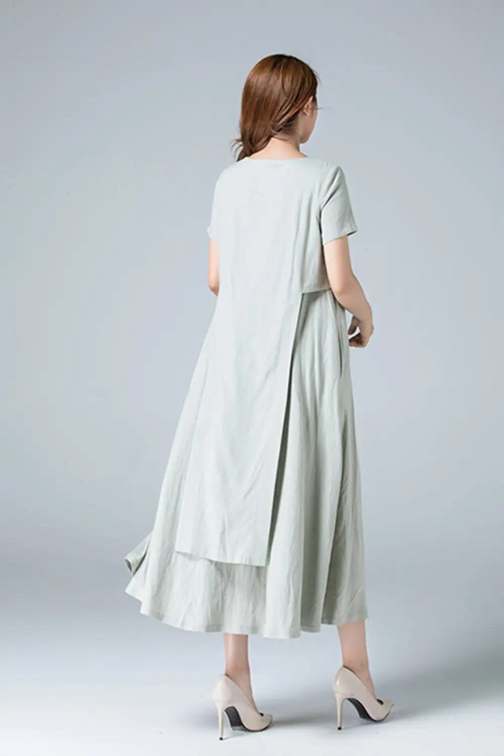 Refined Linen Pleated Short Sleeve Midi Dress