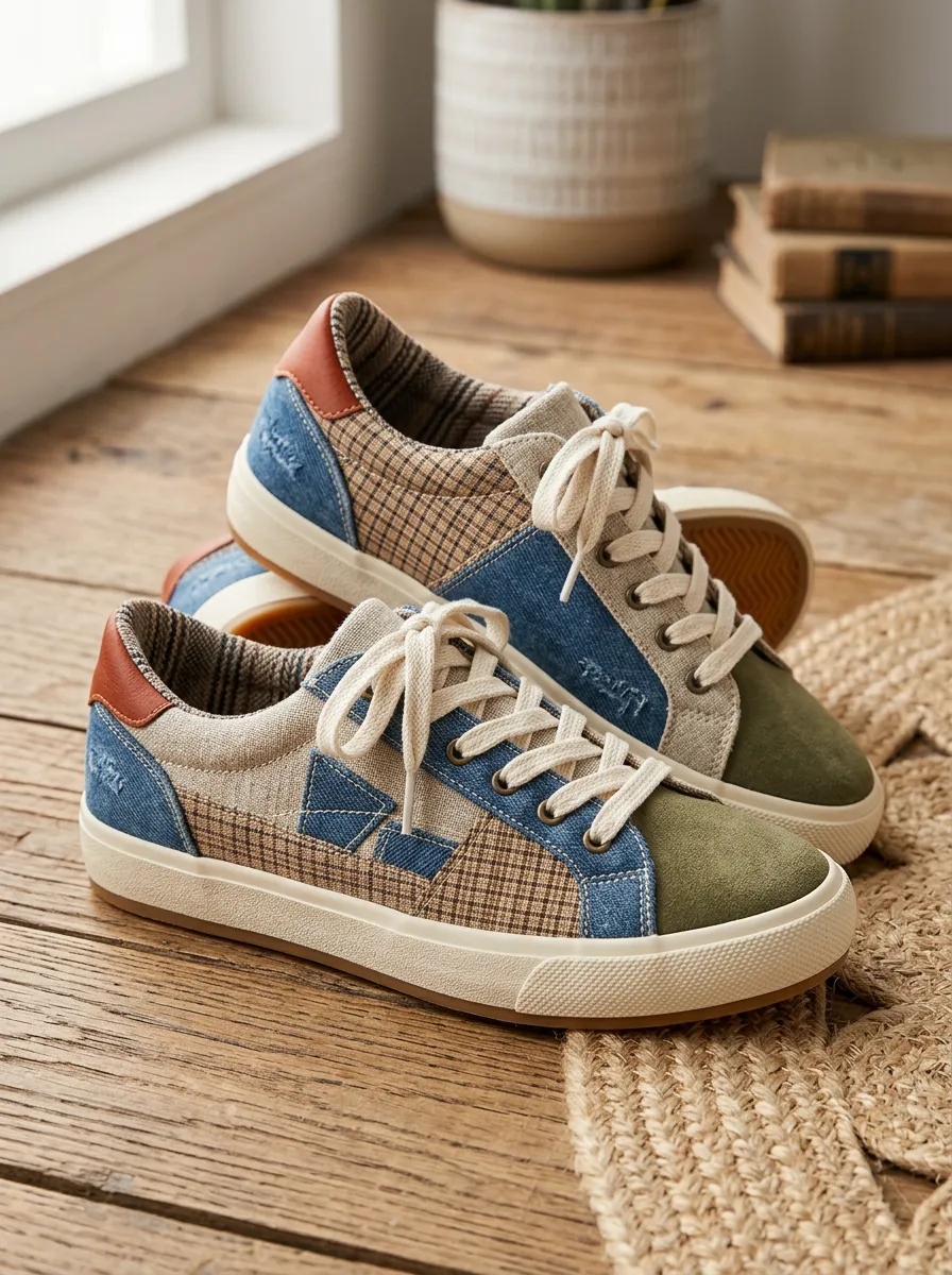 Women's Plaid Denim Patchwork Suede Printed Sneakers