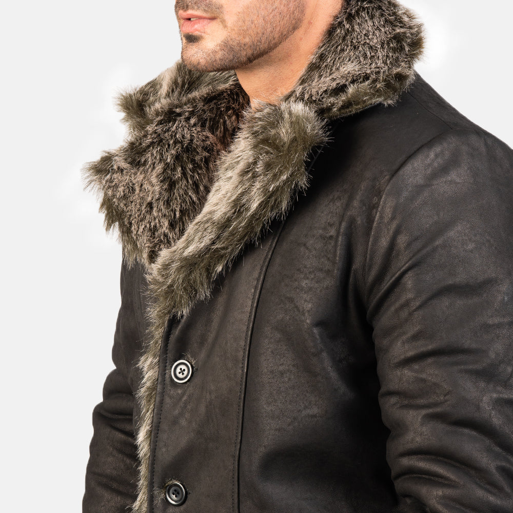 Men's Rugged Leather Fur Trim Coat