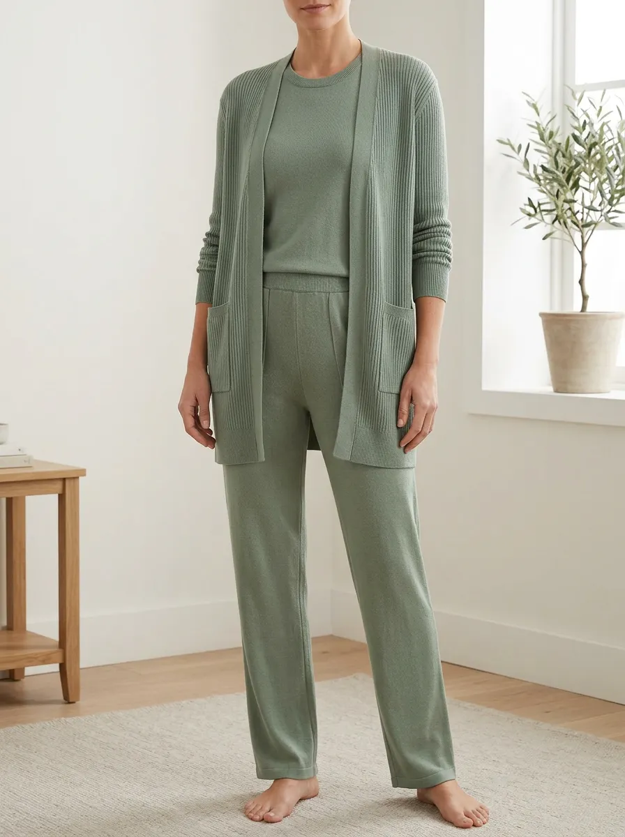Women's Simple Ribbed Knit Cardigan Tank Top And Pants Matching Set
