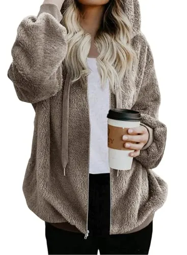 Womens Full Zip Up Sherpa Hoodie Fuzzy Fleece Jacket Oversized Fluffy Coat with Pockets