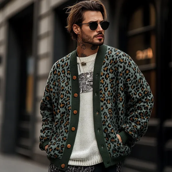 Jacquard Knit Leopard Print Cardigan