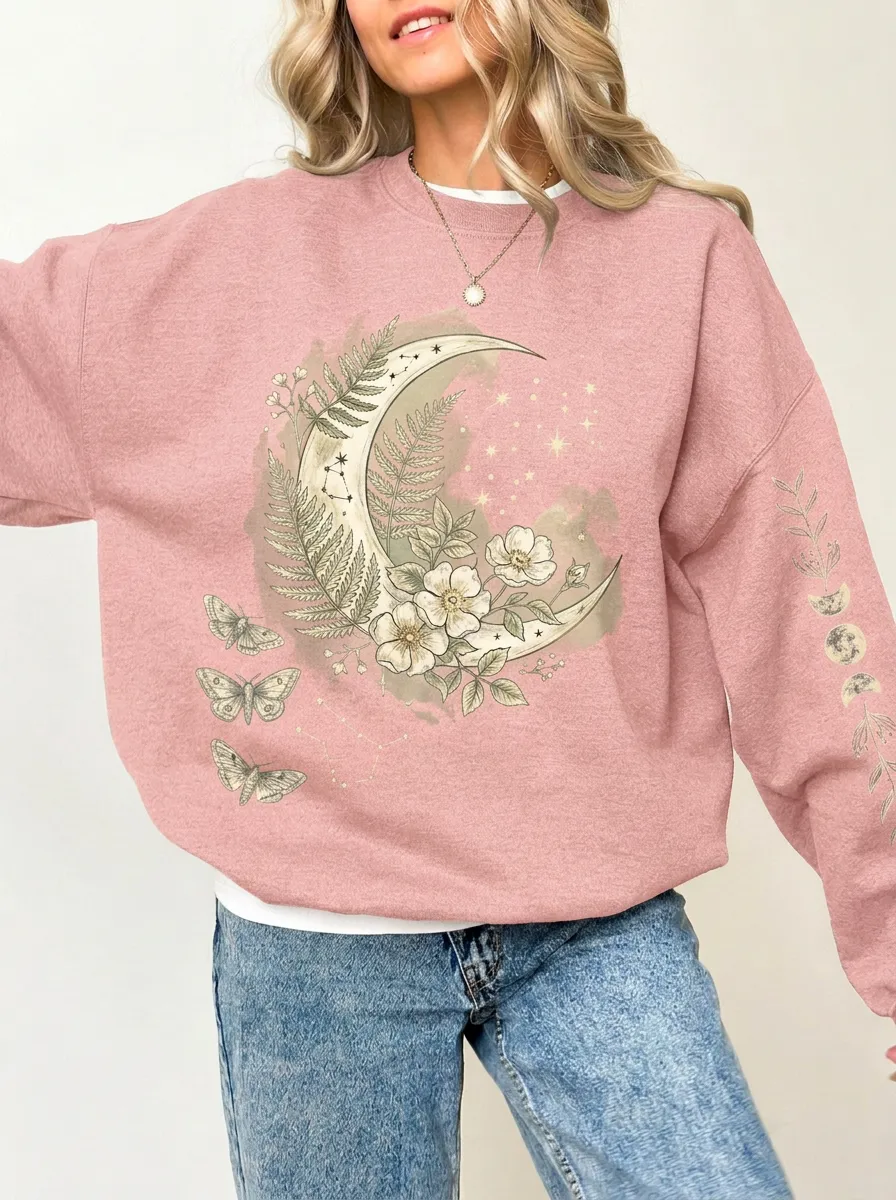 Women's Charcoal Celestial Floral Moon Moth Drop-Shoulder Crewneck Sweatshirt