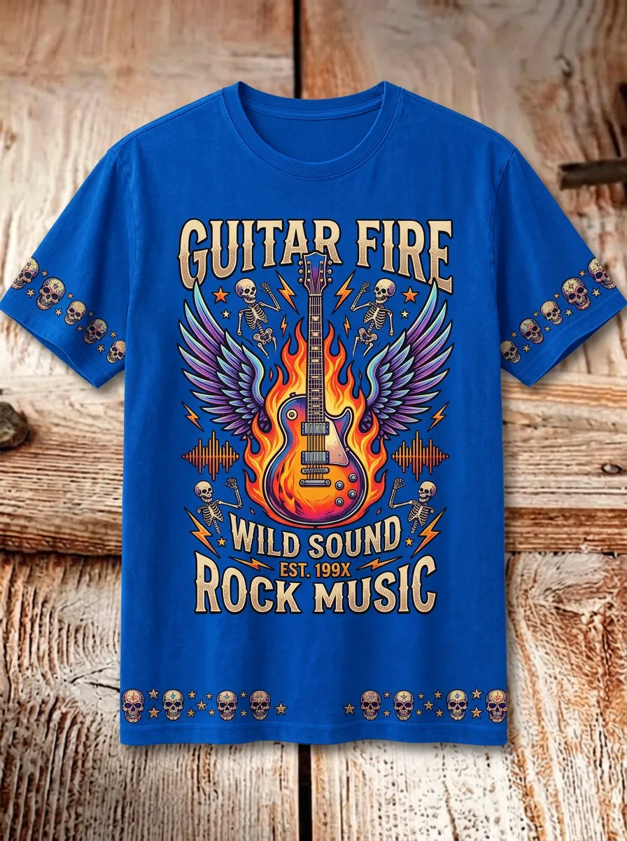 Unisex Rock Music Lover Flaming Guitar Skeleton Printed T-shirt