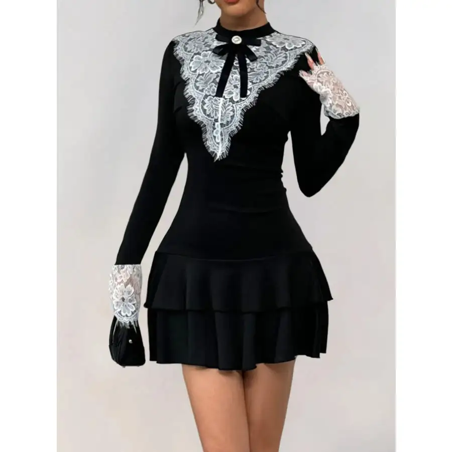 Soft Everyday Lace Detail Long Sleeve Mini Dress