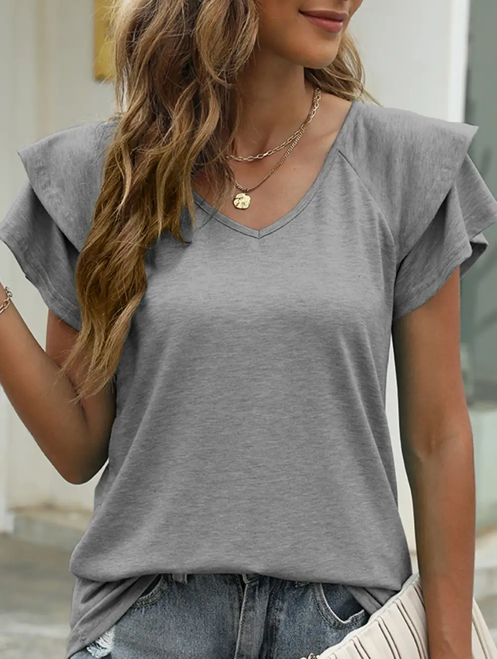 V Neck Double Layer Ruffle Sleeve Tank Top