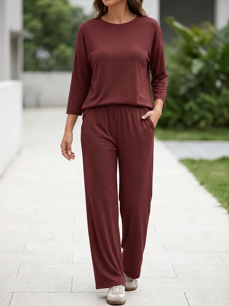 Women's Three-Quarter-Sleeve Crewneck Top And Pull-On Wide-Leg Trouser Lounge Set