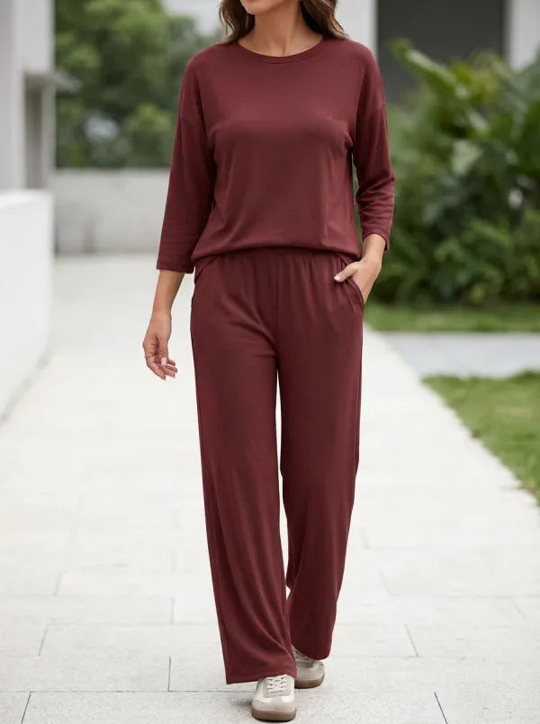 Women's Three-Quarter-Sleeve Crewneck Top And Pull-On Wide-Leg Trouser Lounge Set