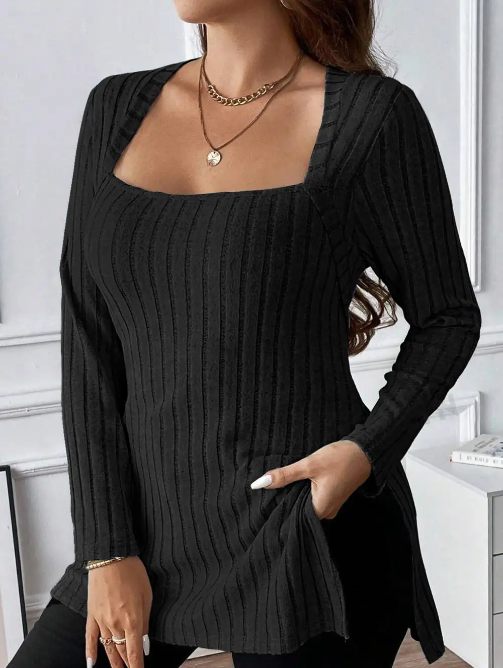 Ribbed Brushed Square Neck Long Sleeve Top