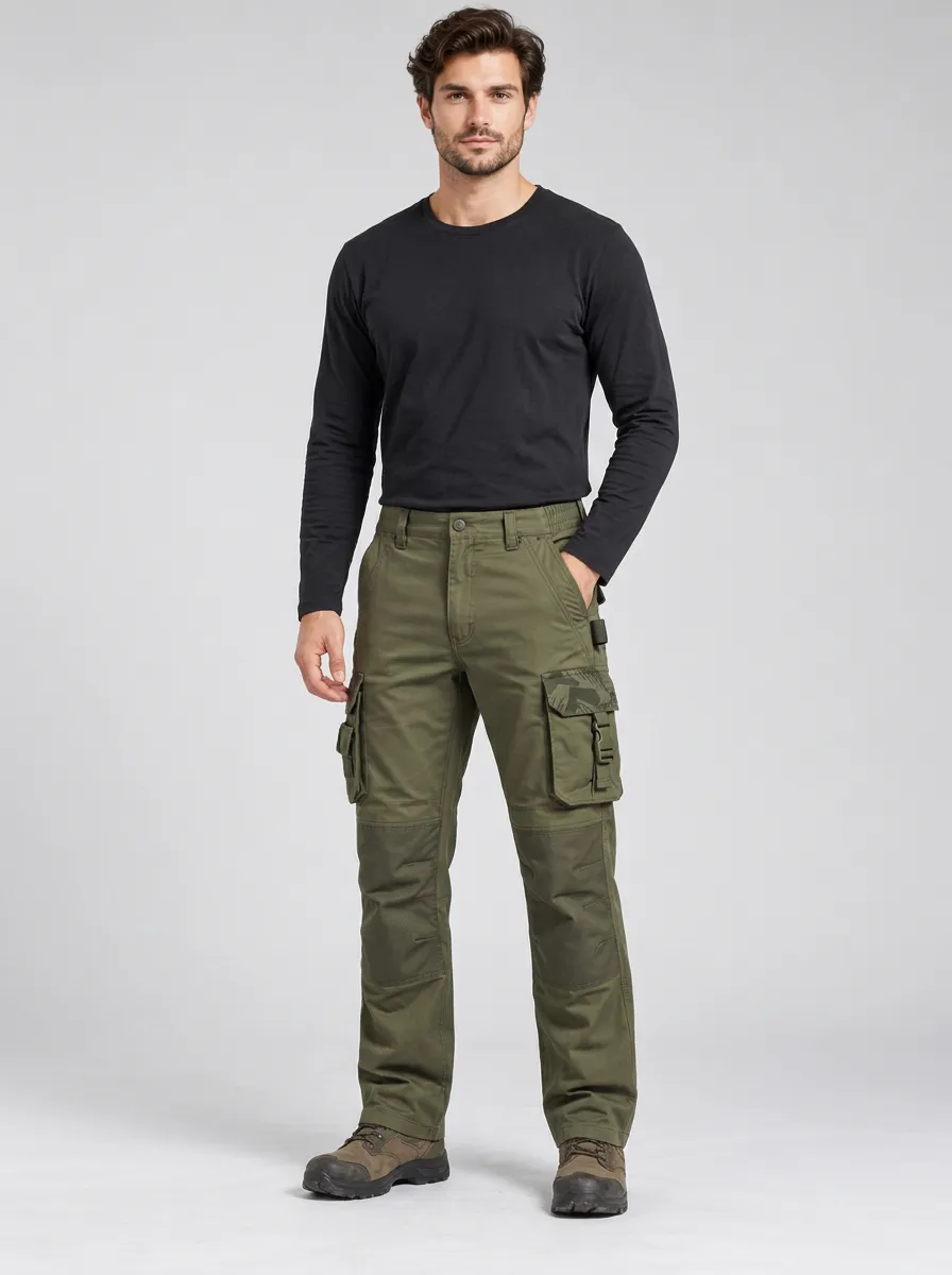 Men's Olive Green Camo Multi-Pocket Tactical Cargo Pants
