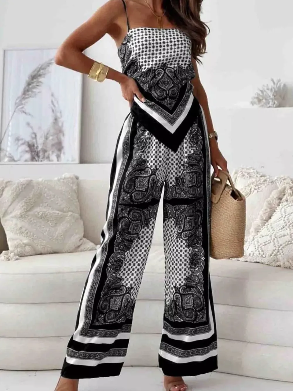 Printed Cami and Wide Leg Pants Set
