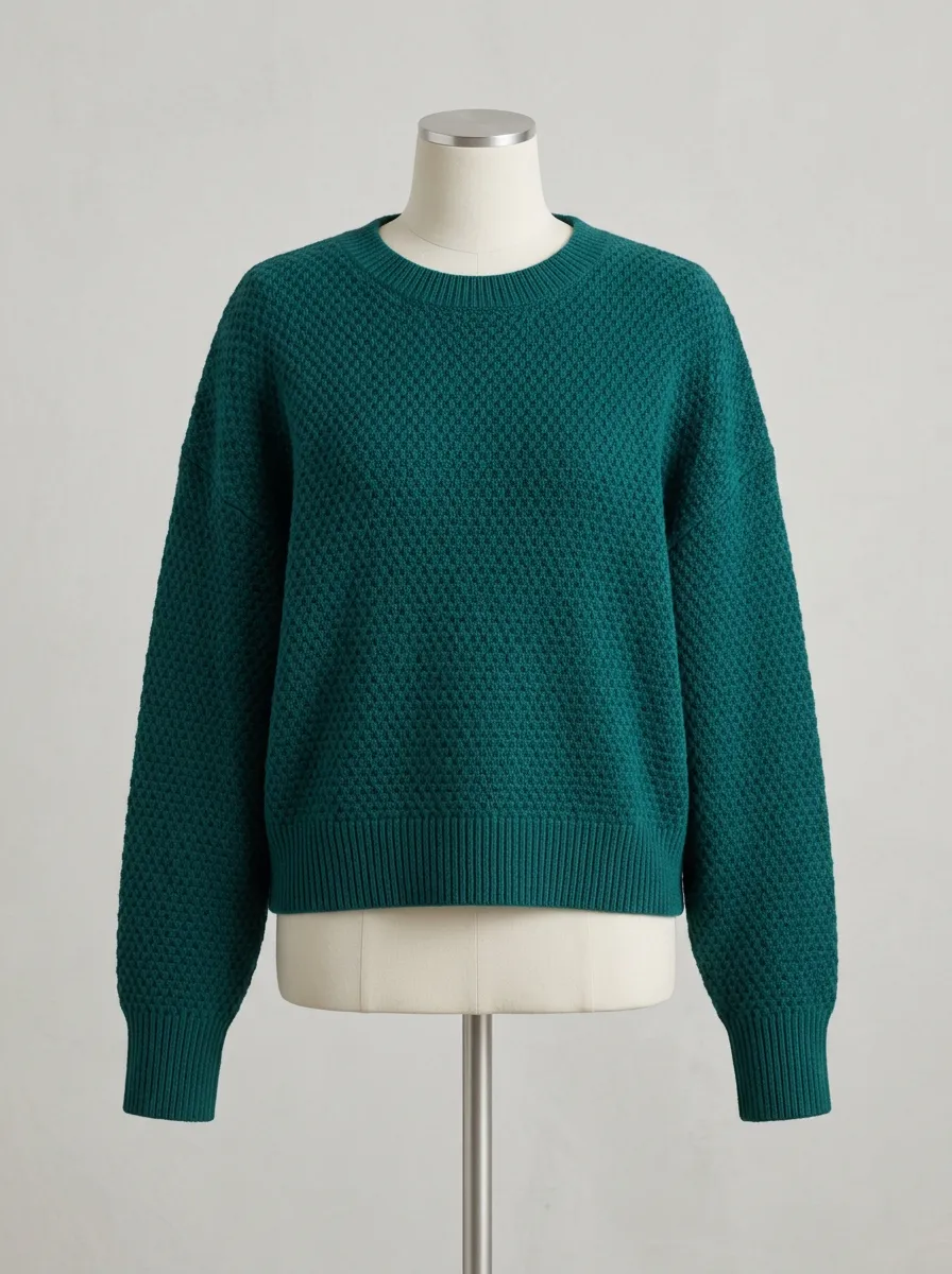 Women's Emerald Green Textured Crewneck Sweater with Wide Ribbed Cuffs