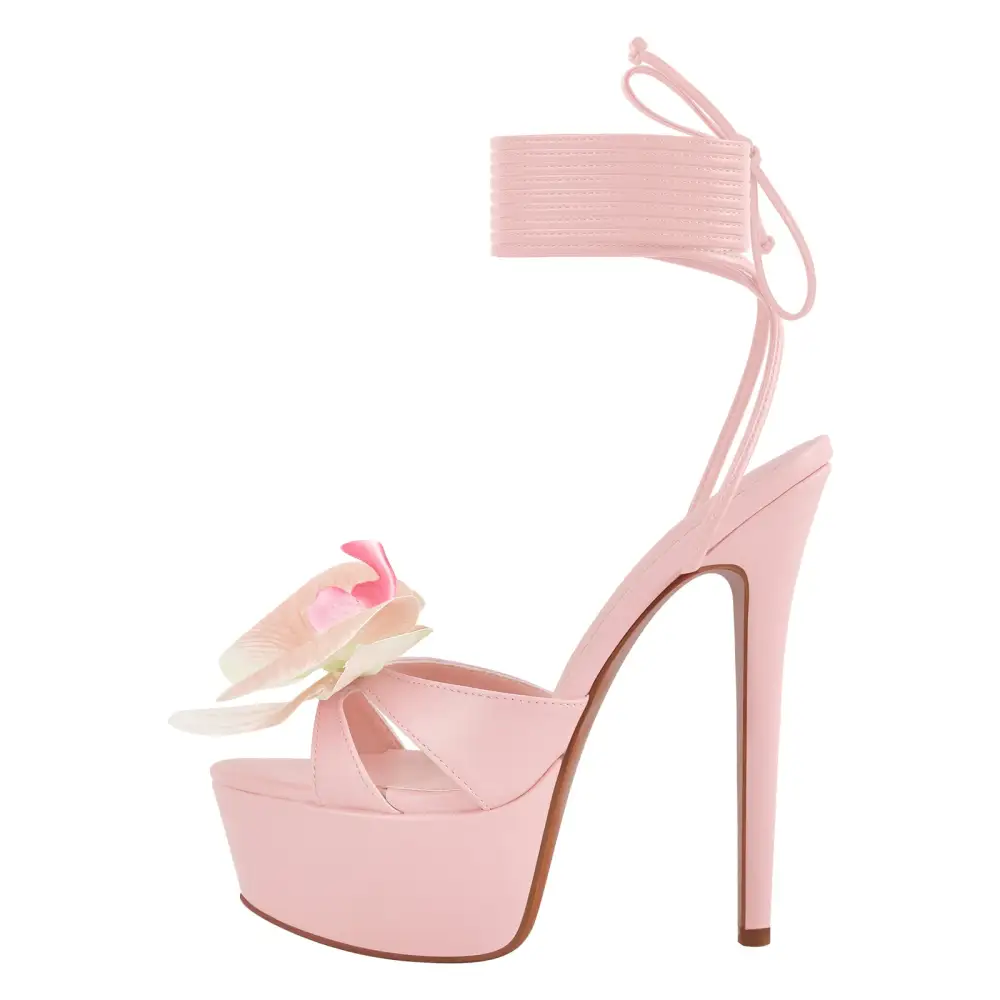 Round Toe Flower Platform Lace Up Stiletto Sandals