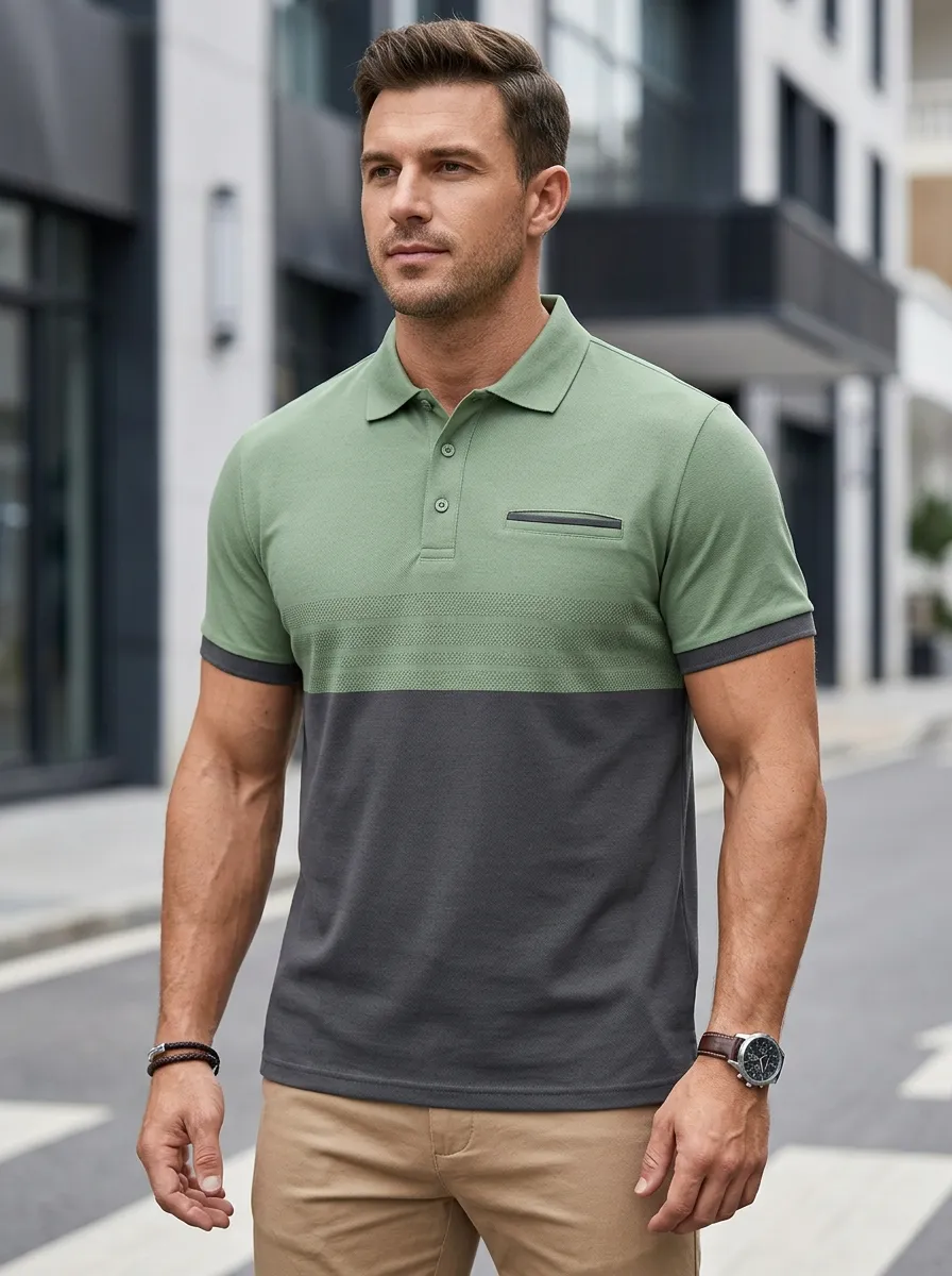 Men's Colorblock Pocket Textured Polo Shirt