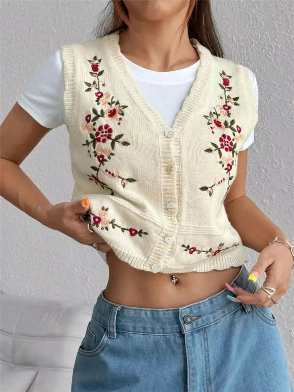 Embroidered Button-Up Sweater Vest
