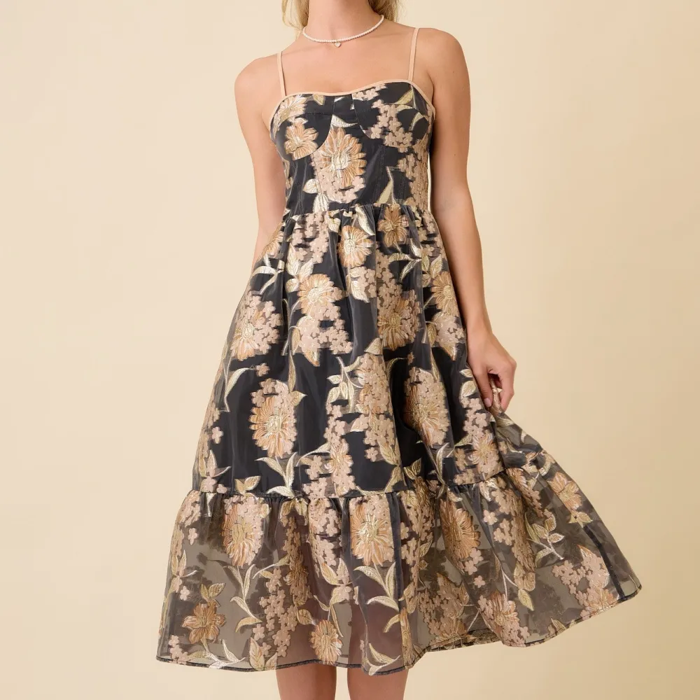 Classic Floral Smocked Tiered Metallic Detail Dress