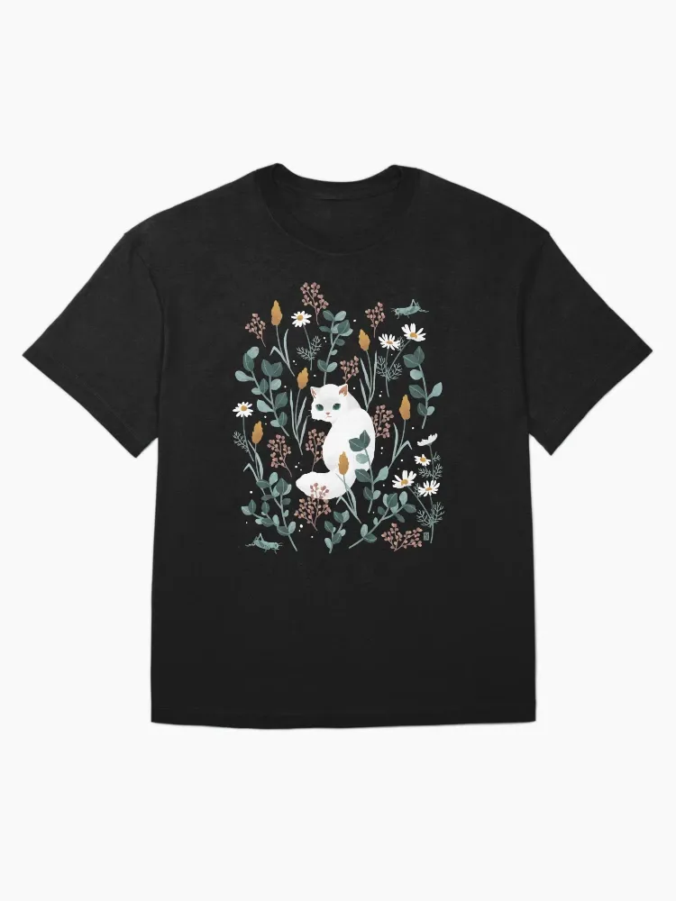 Women's Stylish Garden Cat & Floral Print Crew Neck Short-Sleeve T-Shirt