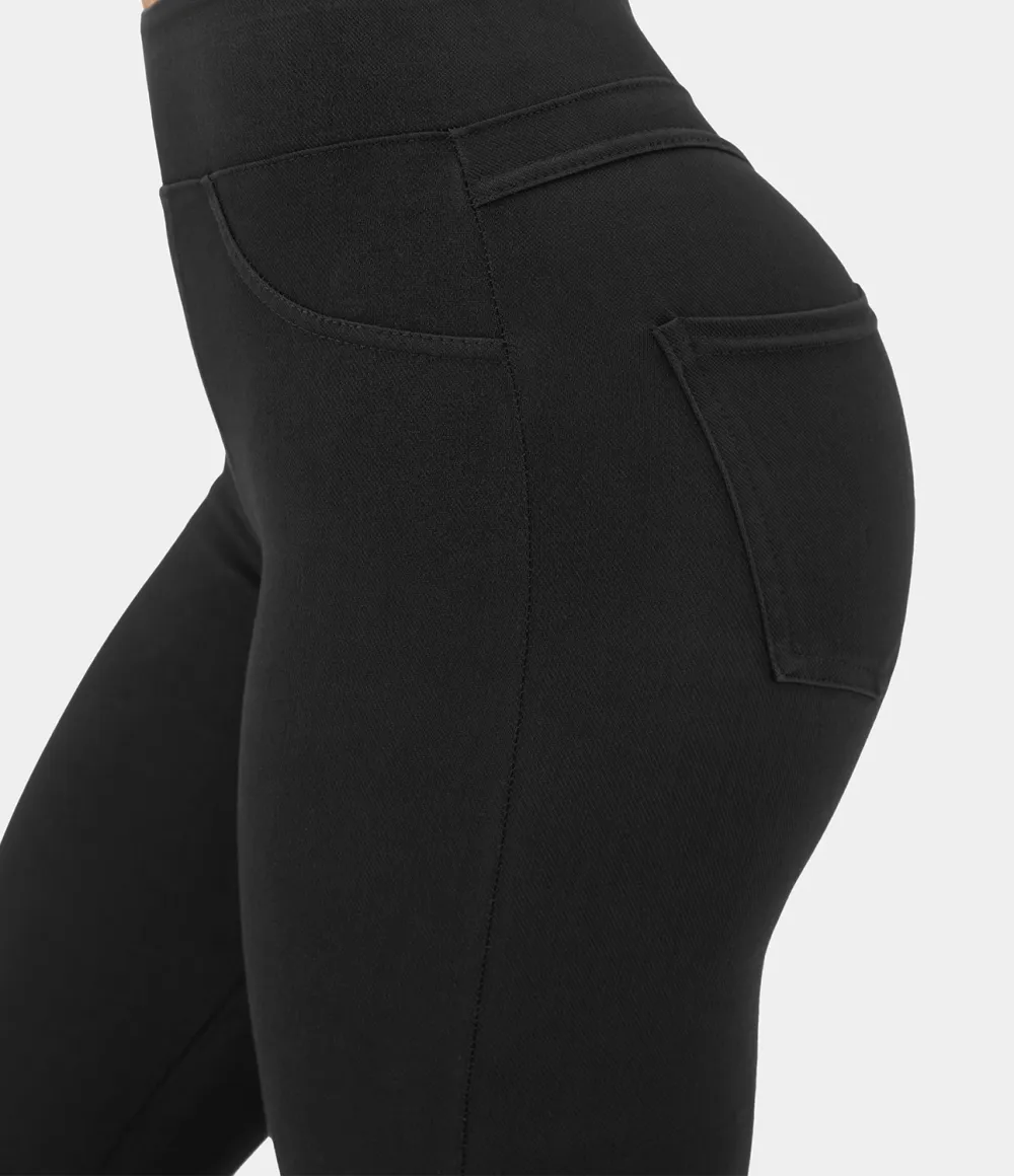 Magic High Waisted Back Side Pocket Stretchy Knit Denim Thermal Casual Leggings