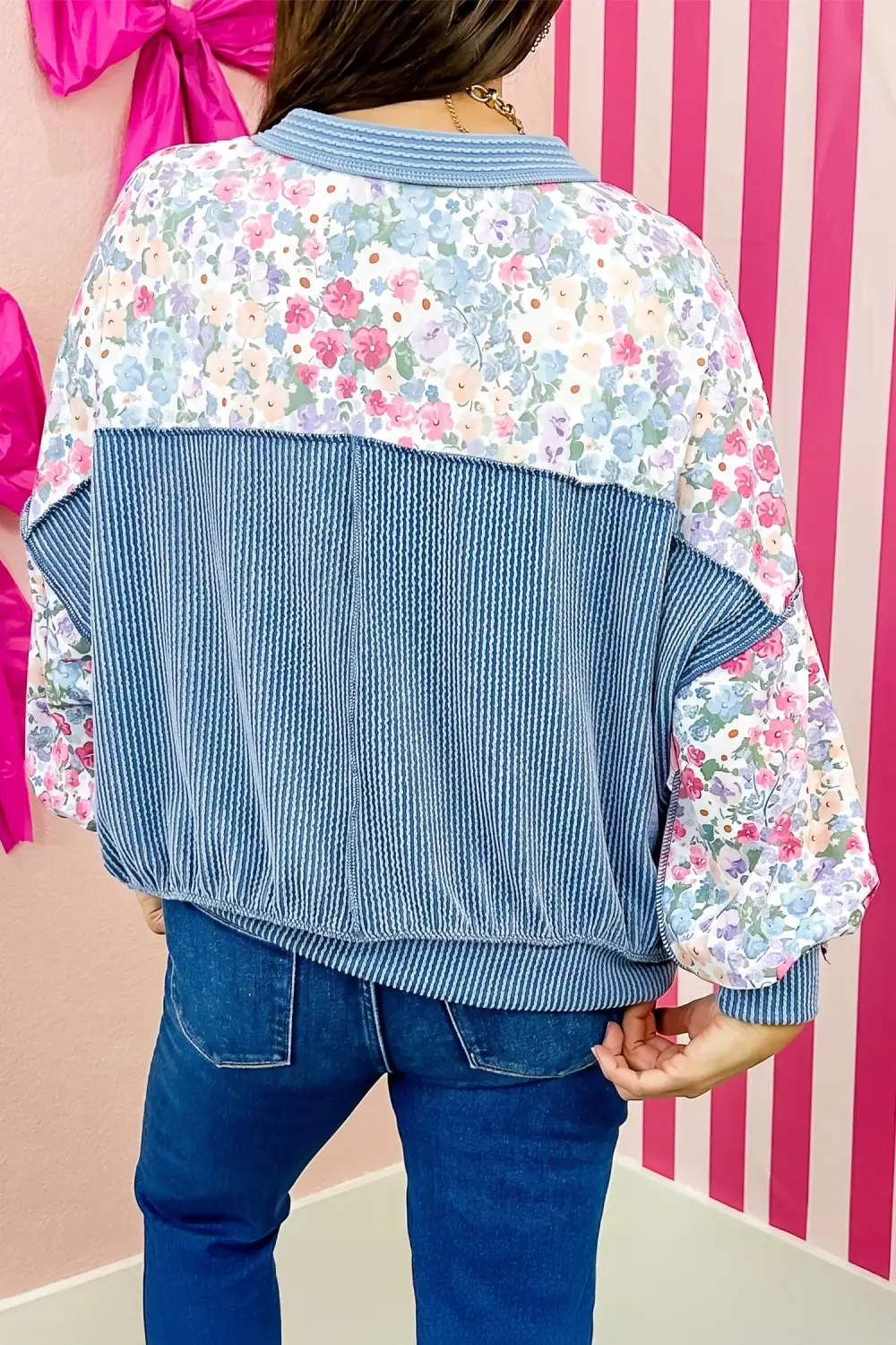 Floral Print Round Neck Ribbed Relaxed Stretch Fabric Long Sleeve Top