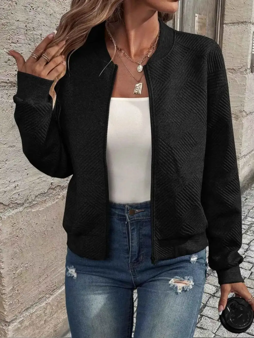 Texture Zip-Up Bomber Jacket