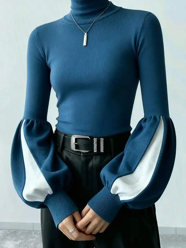 High Neck Puff Sleeve Long Sleeve Pullover Sweater
