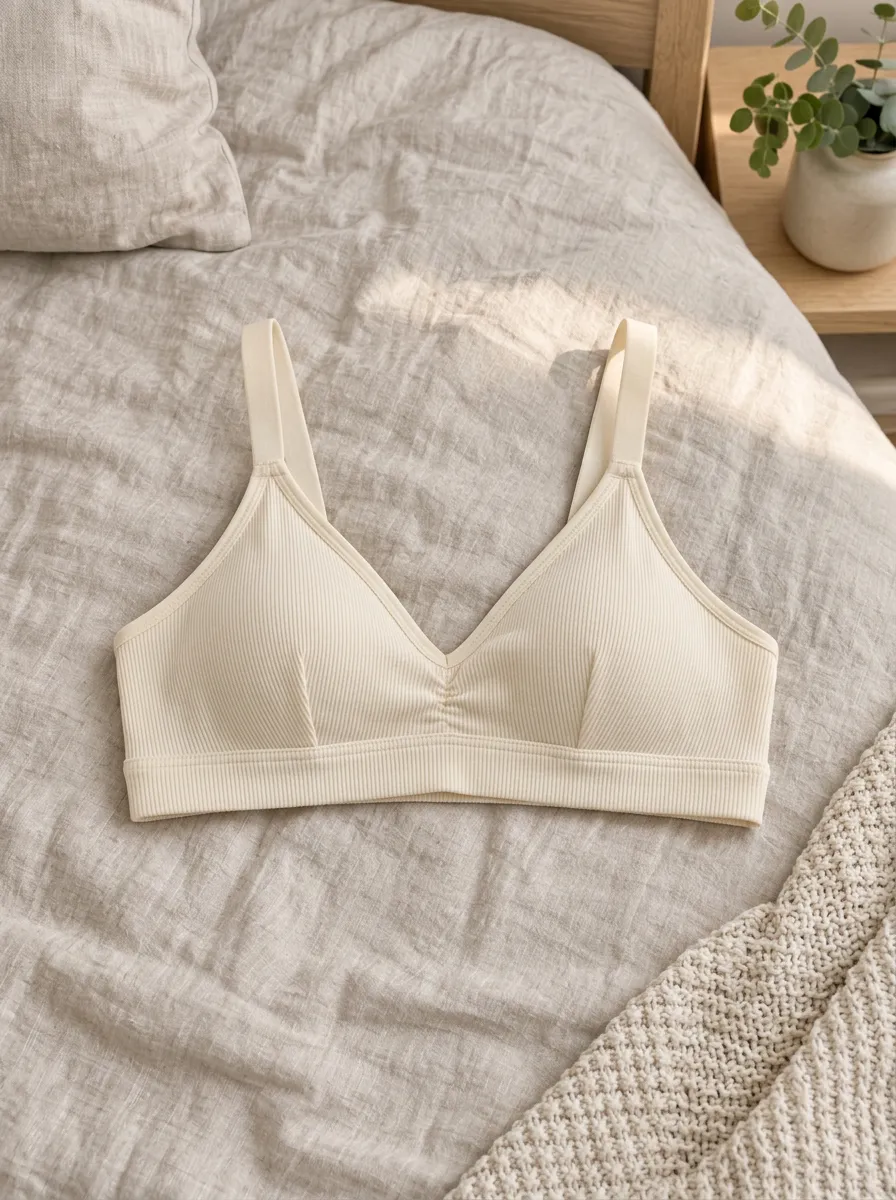 Women's Beige Ribbed V-Neck Wireless Bralette