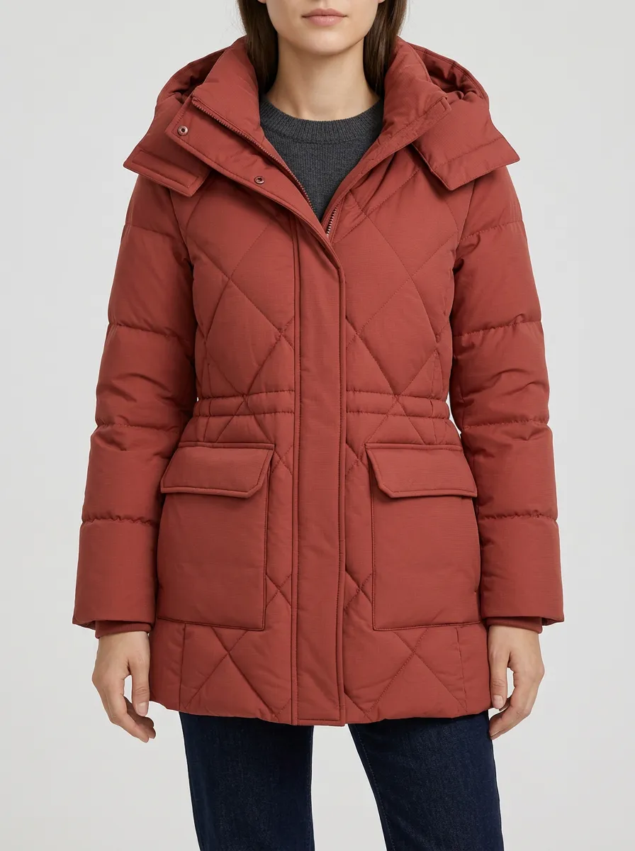 Women's Red Quilted Hooded Puffer Jacket