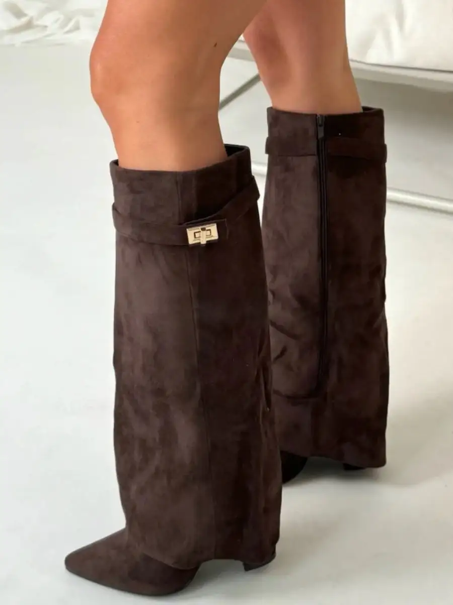 Knee Tall Boots Wide Flare Top Block Heel