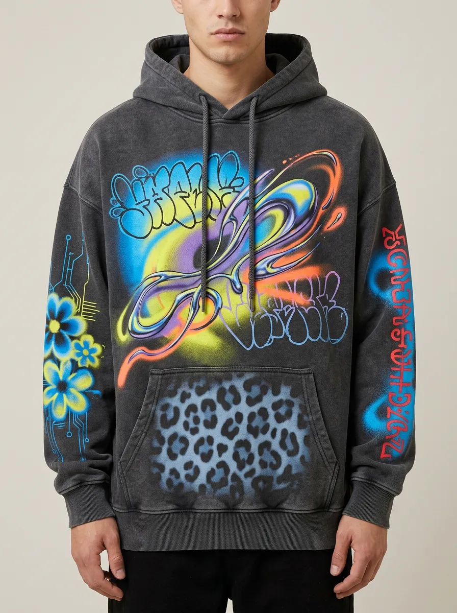Unisex Streetwear Graffiti Leopard Flower Layered Print Hoodie