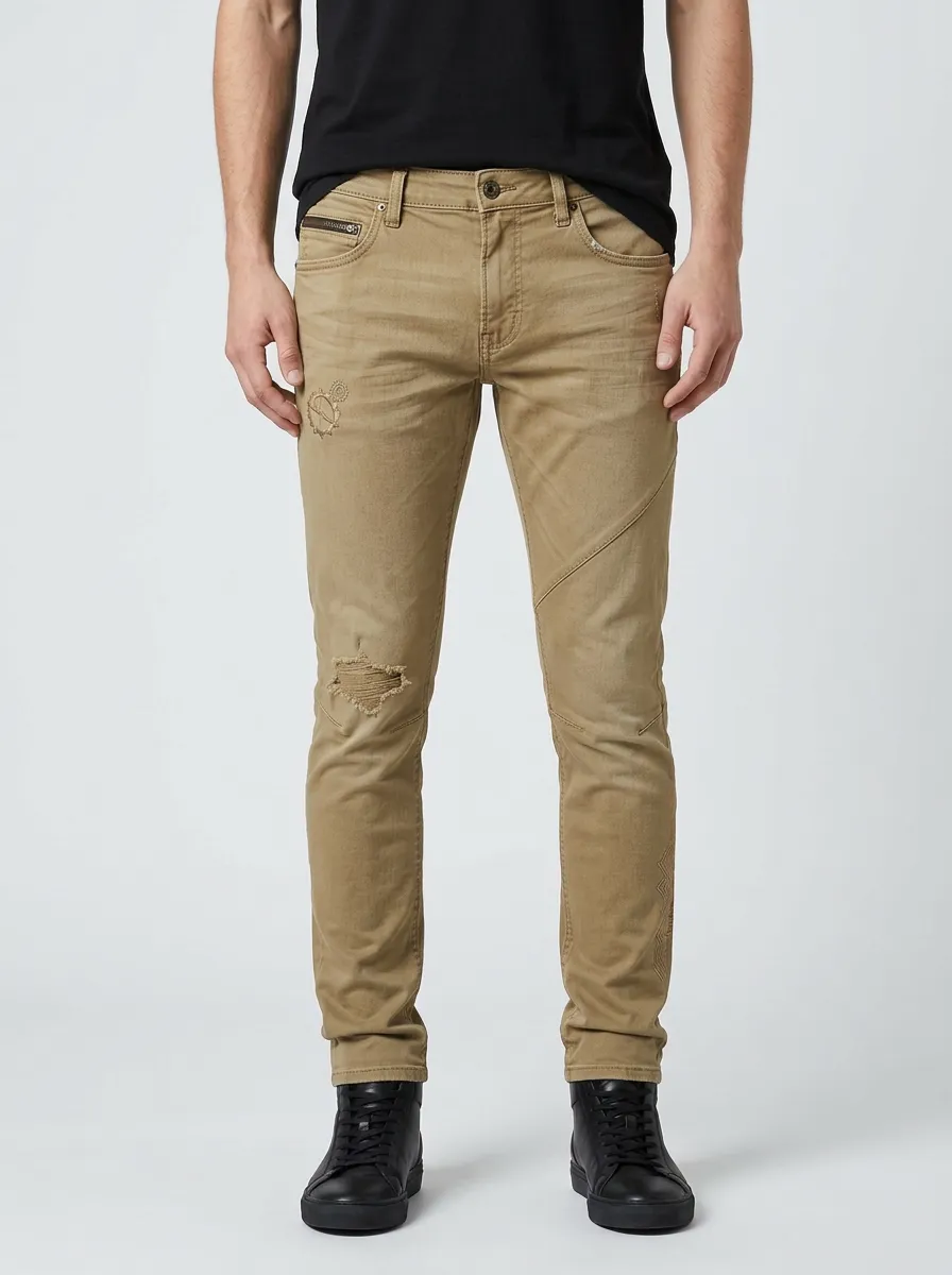 Men's Distressed Gear Pattern Printed Slim-Fit Jeans