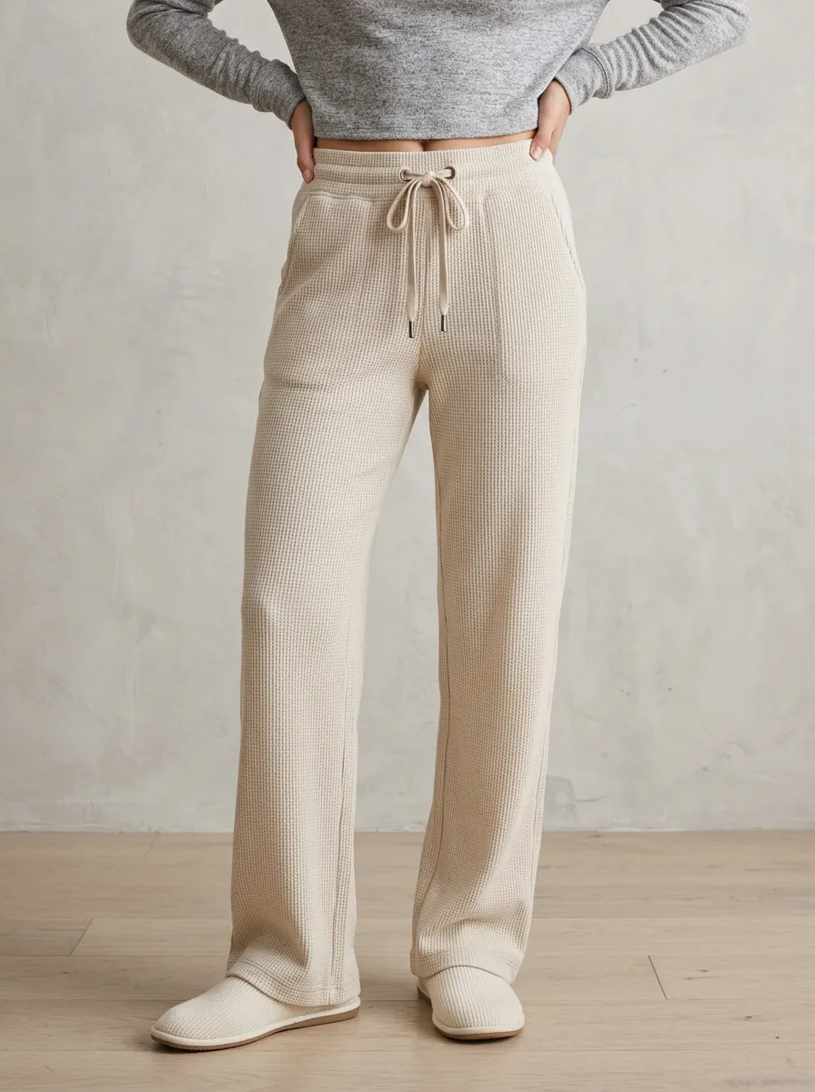 Women's Casual Lounge Waffle Knit Drawstring Wide Leg Pants