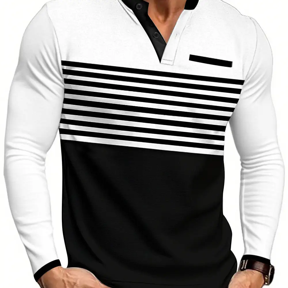Striped Stand Collar Long Sleeve Polo Shirt