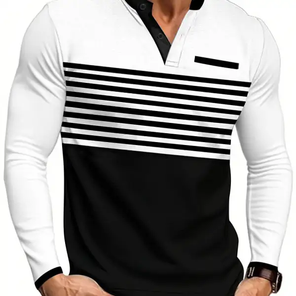 Striped Stand Collar Long Sleeve Polo Shirt
