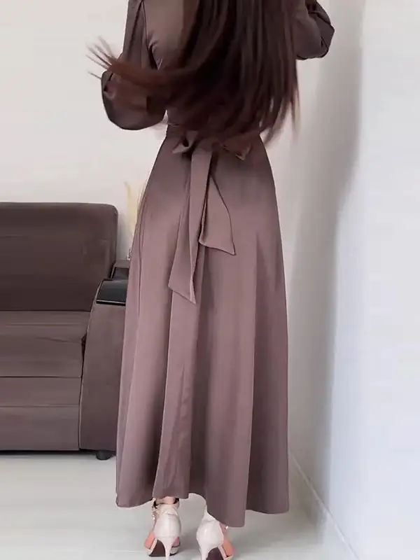 Sleeves Color Pleated Long Neck Maxi Dress