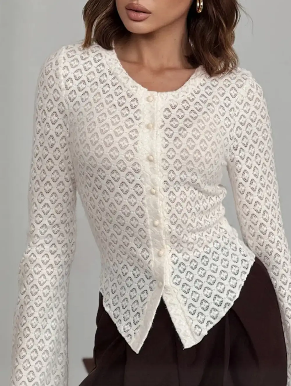 Crew Neck Lace Knit Cardigan Flare Sleeve Top