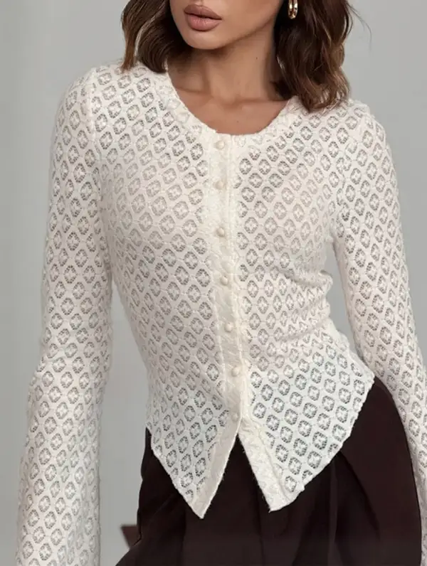 Crew Neck Lace Knit Cardigan Flare Sleeve Top
